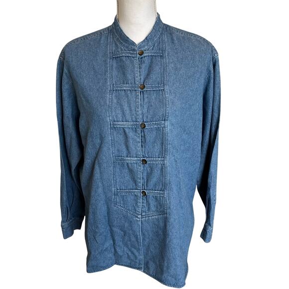 J. Jill Shirt Blouse Top Sz Petite Small Blue Denim Mandarin Coller 100% Cotton - Picture 1 of 9